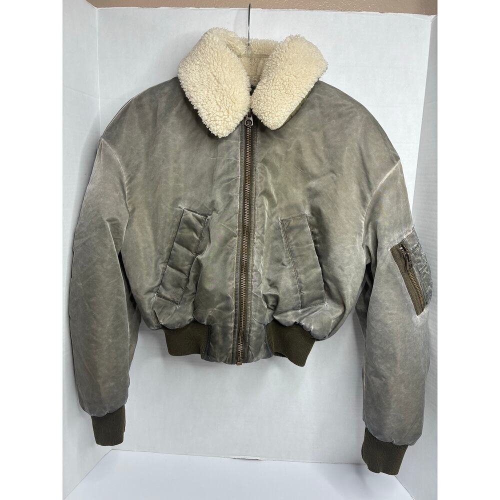ZARA Bomber Jacket Women's Distressed Aviator Pilot "XS" Sherpa Collar